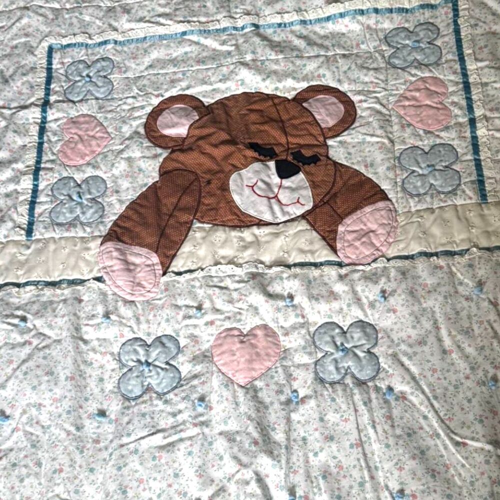 Vintage 1980s Handmade Baby Quilt Blanket Sleeping Teddy Bear Calico Floral OOAK